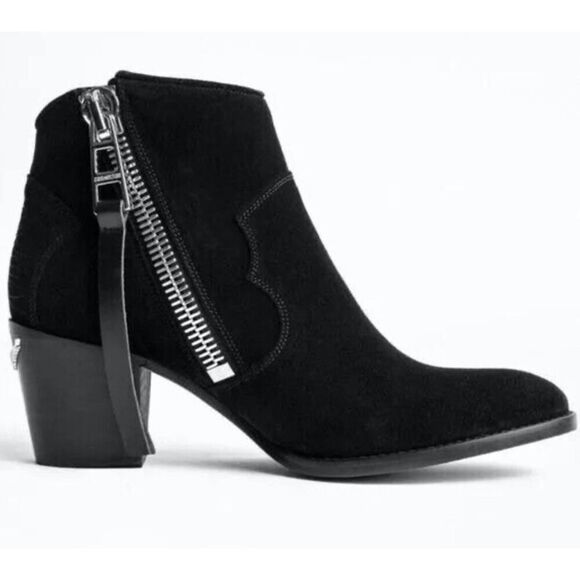 Zadig Voltaire Sz 39 Women's Molly Black Suede Stacked Heel Ankle Booties $528 - Picture 2 of 14